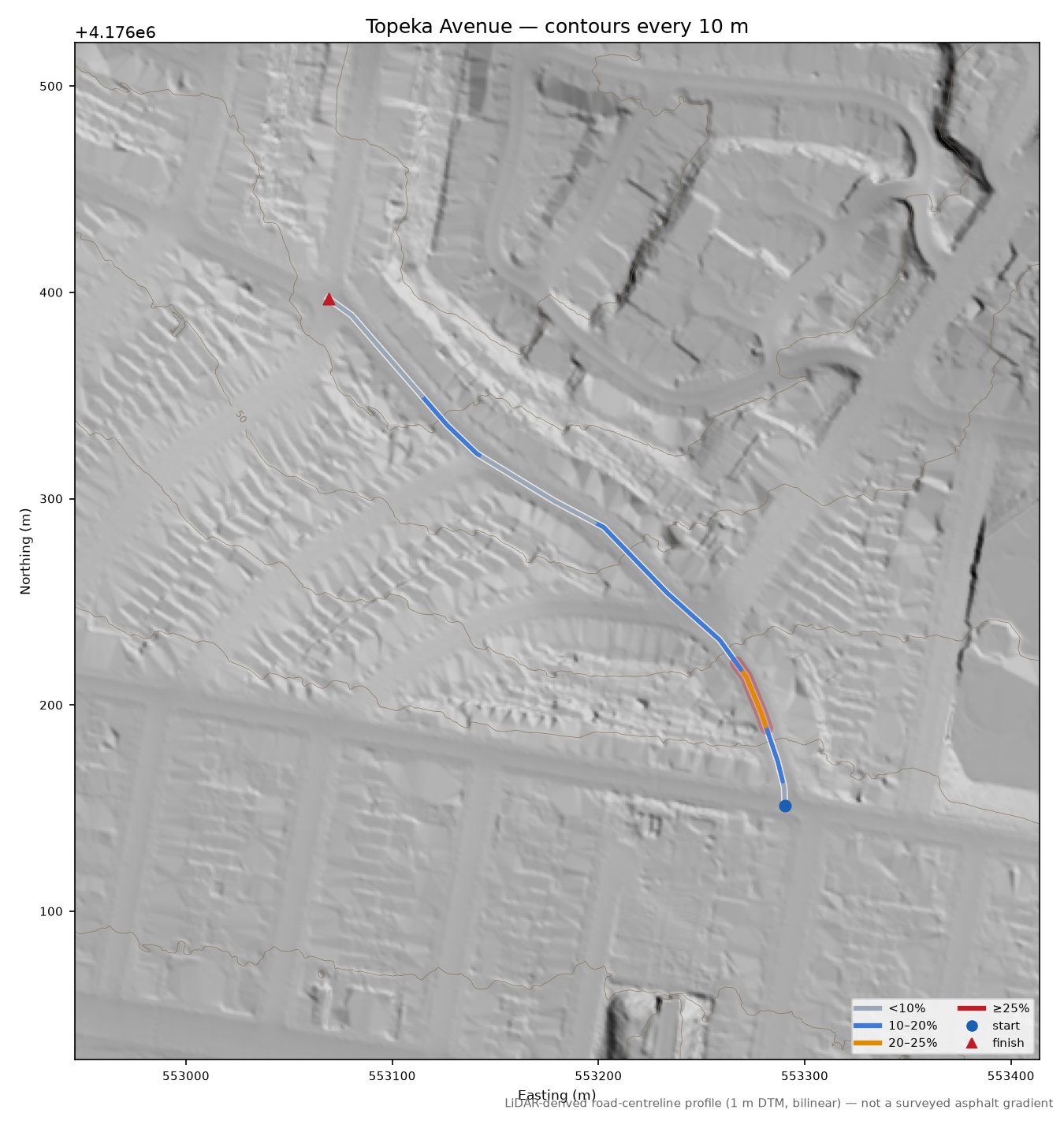 Topeka Avenue LiDAR hillshade map with contours