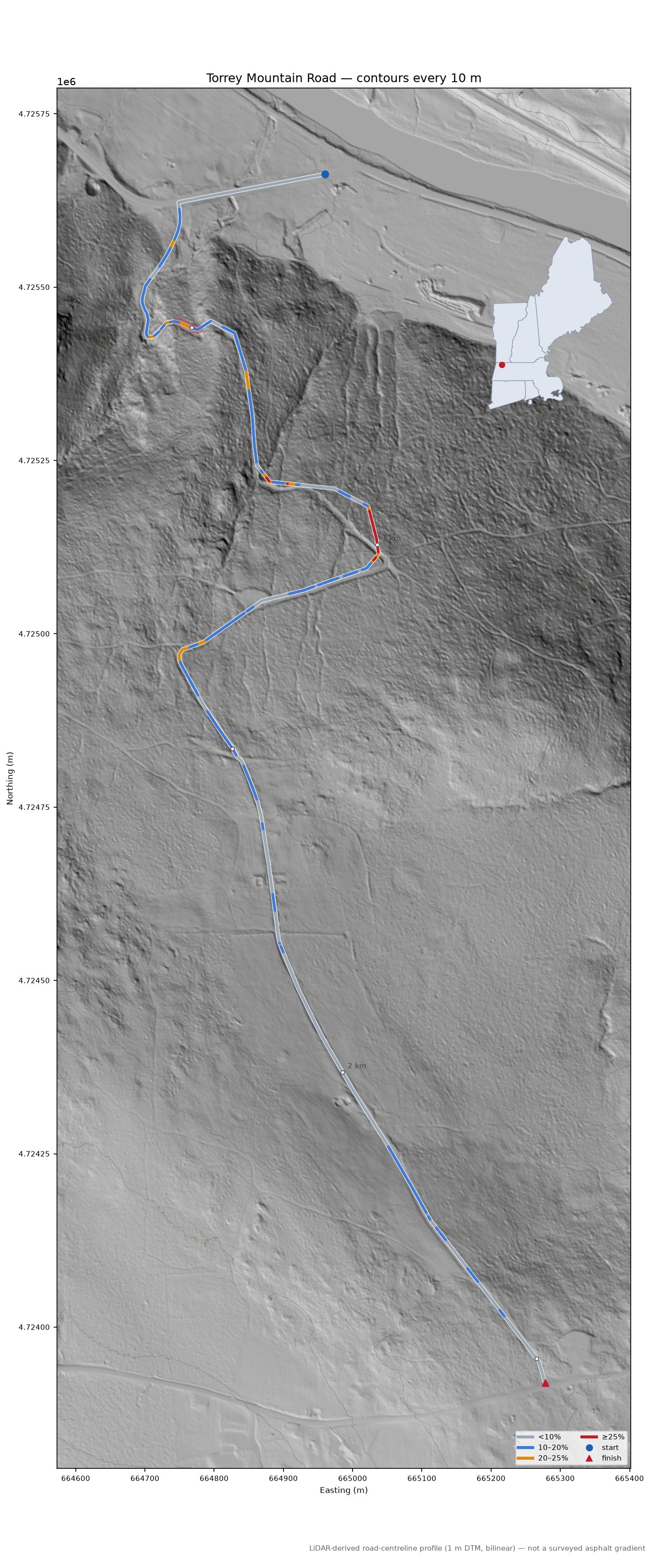 Torrey Mountain Road LiDAR hillshade map with contours
