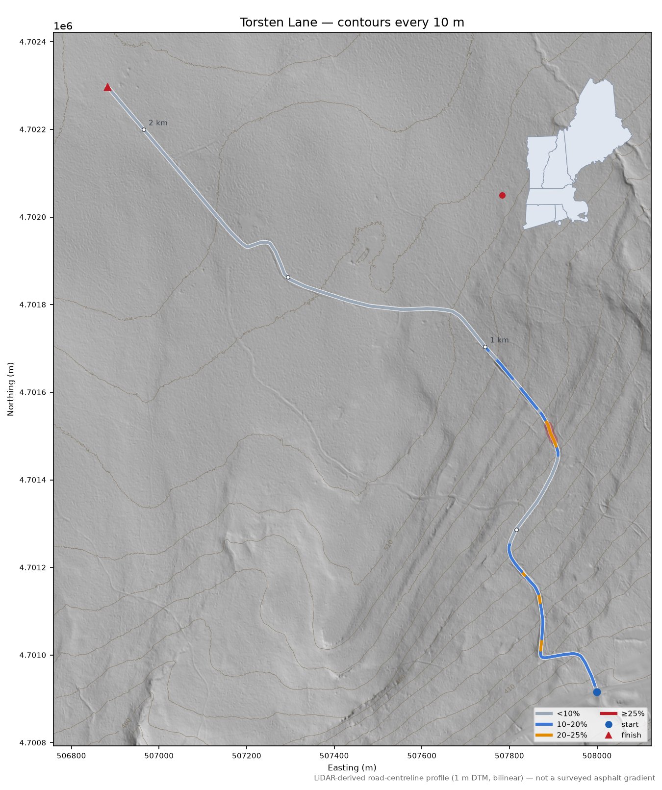 Torsten Lane LiDAR hillshade map with contours