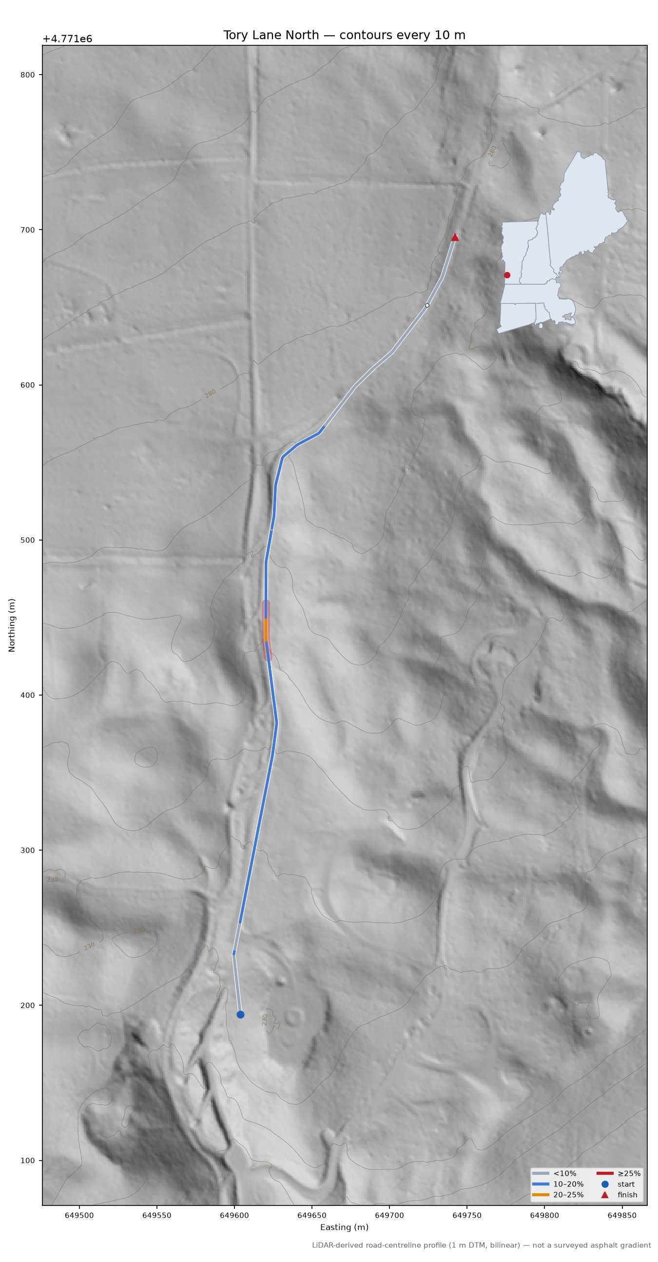 Tory Lane North LiDAR hillshade map with contours