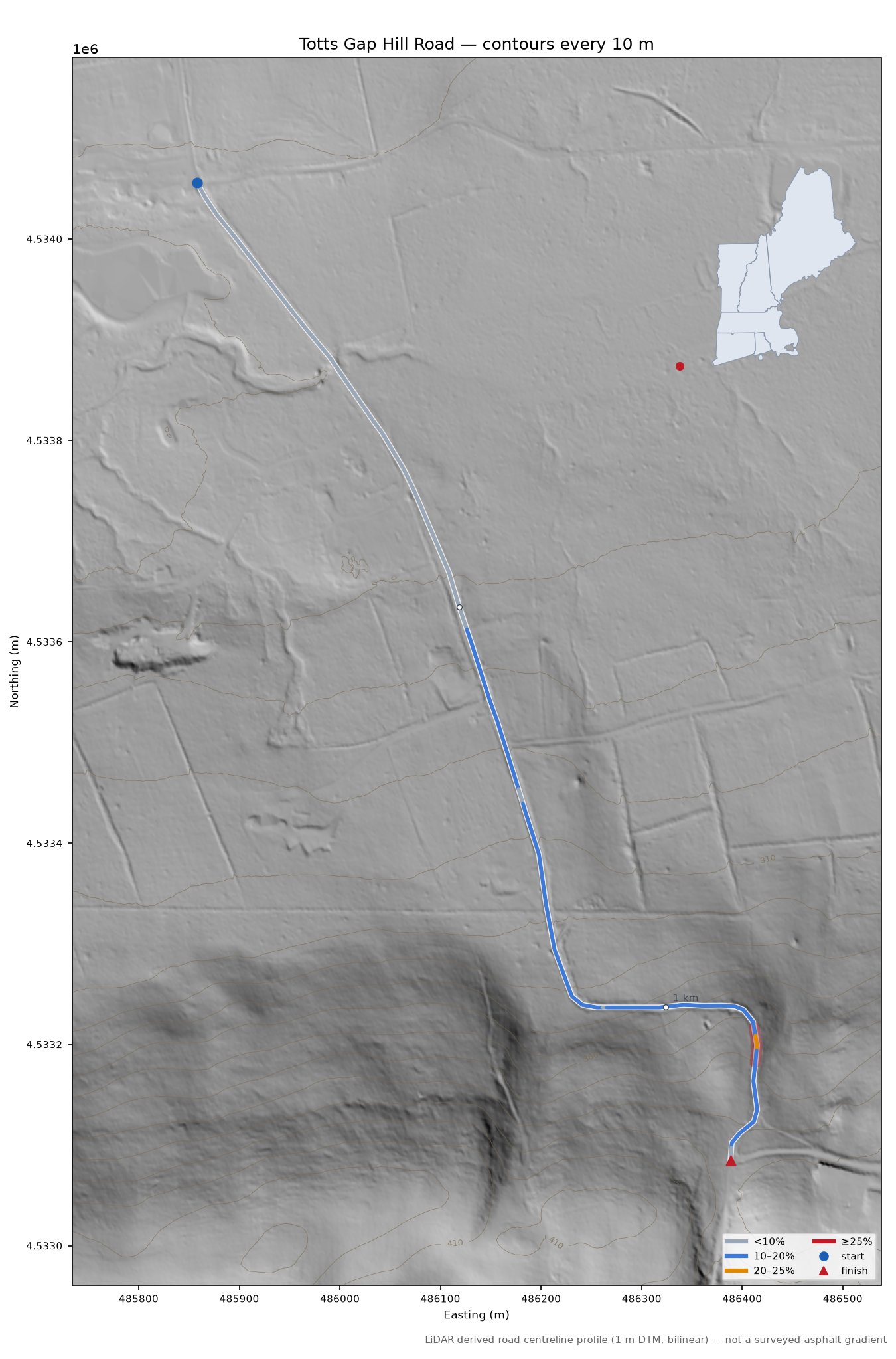 Totts Gap Hill Road LiDAR hillshade map with contours