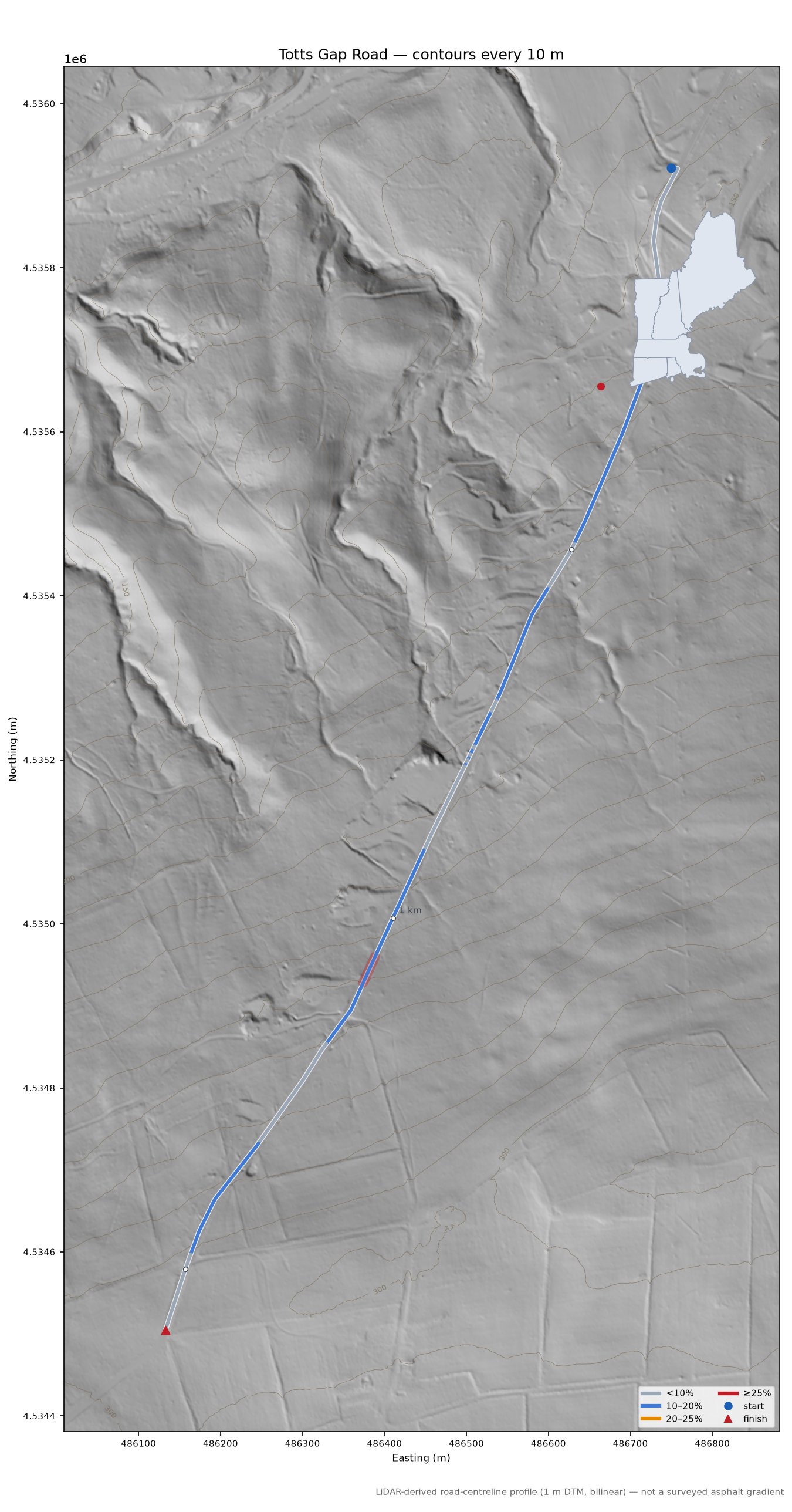 Totts Gap Road LiDAR hillshade map with contours