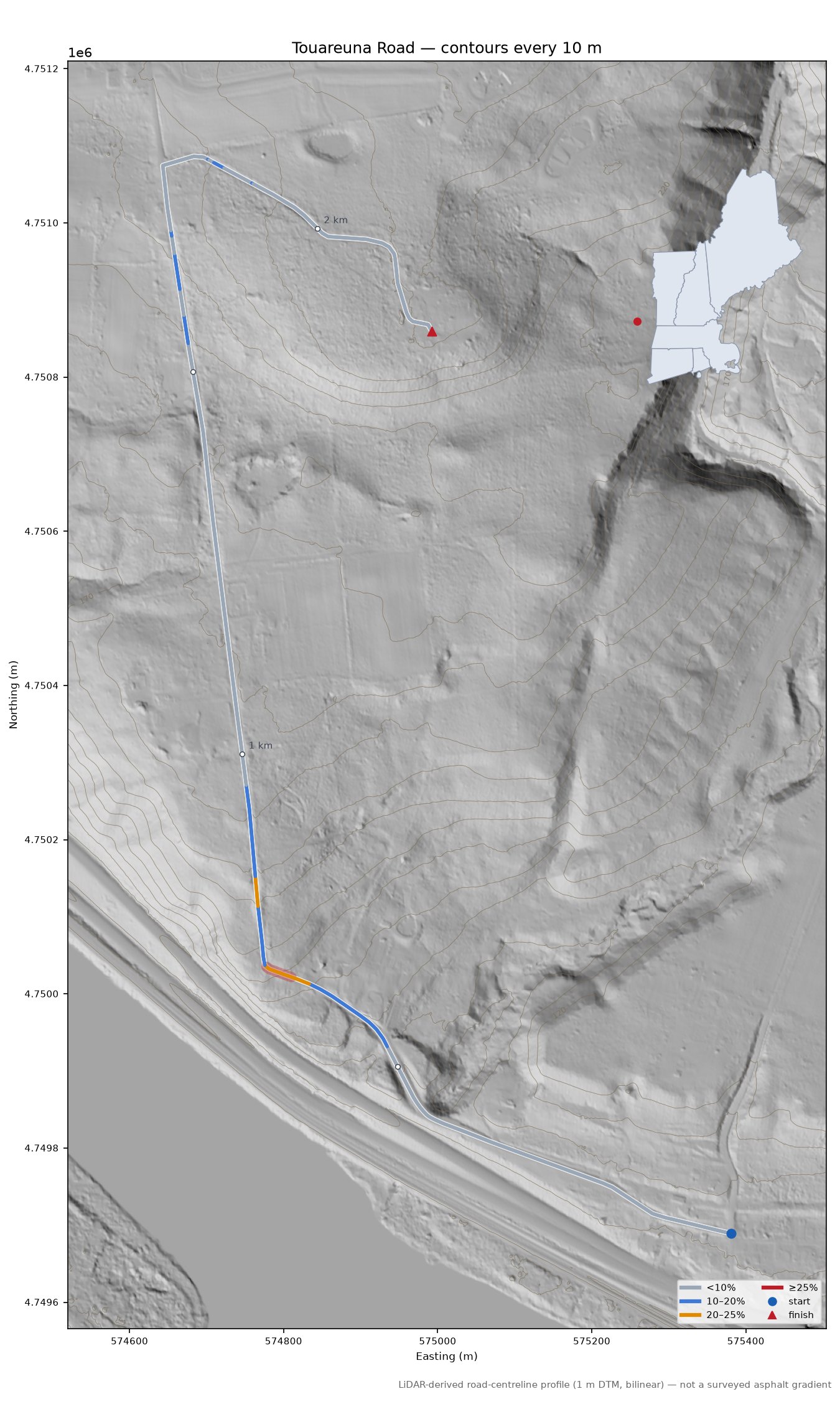 Touareuna Road LiDAR hillshade map with contours