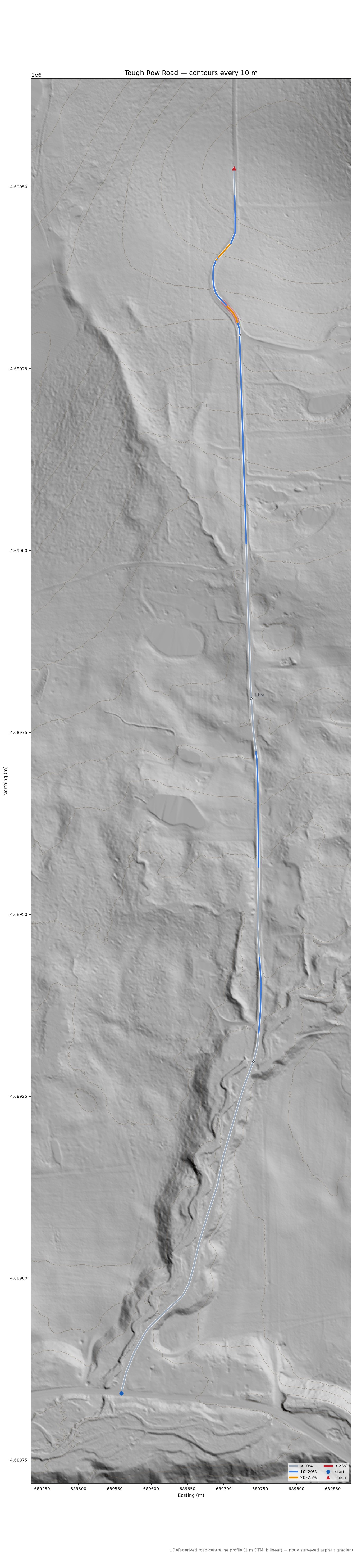 Tough Row Road LiDAR hillshade map with contours