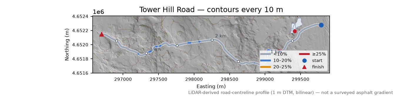 Tower Hill Road LiDAR hillshade map with contours