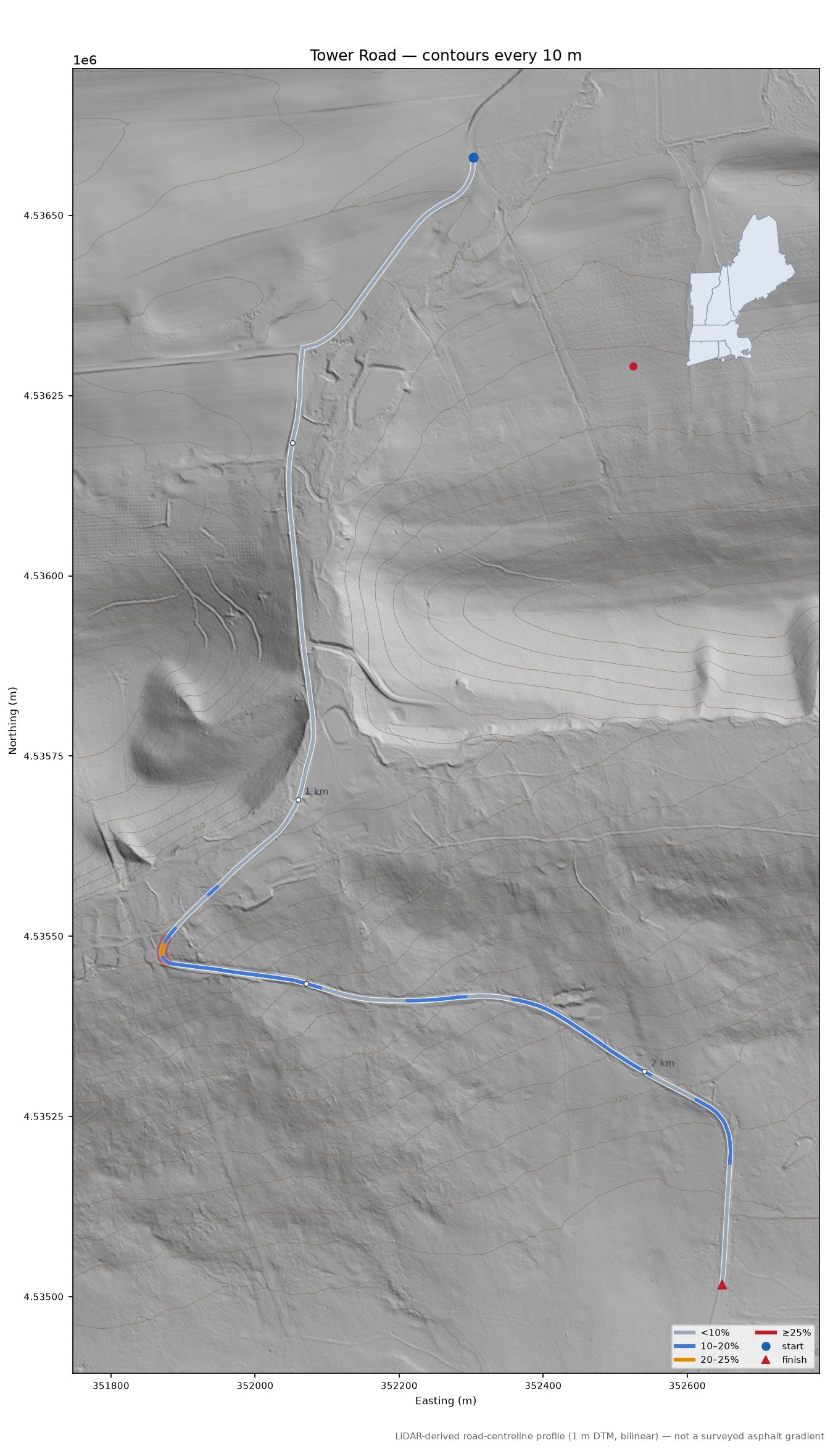 Tower Road LiDAR hillshade map with contours