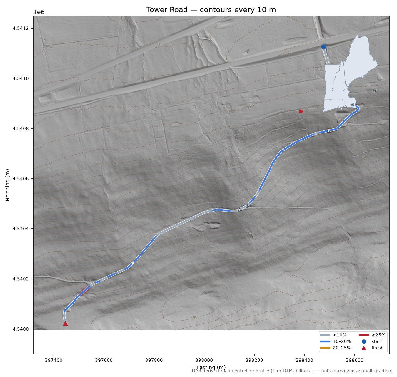 Tower Road LiDAR hillshade map with contours