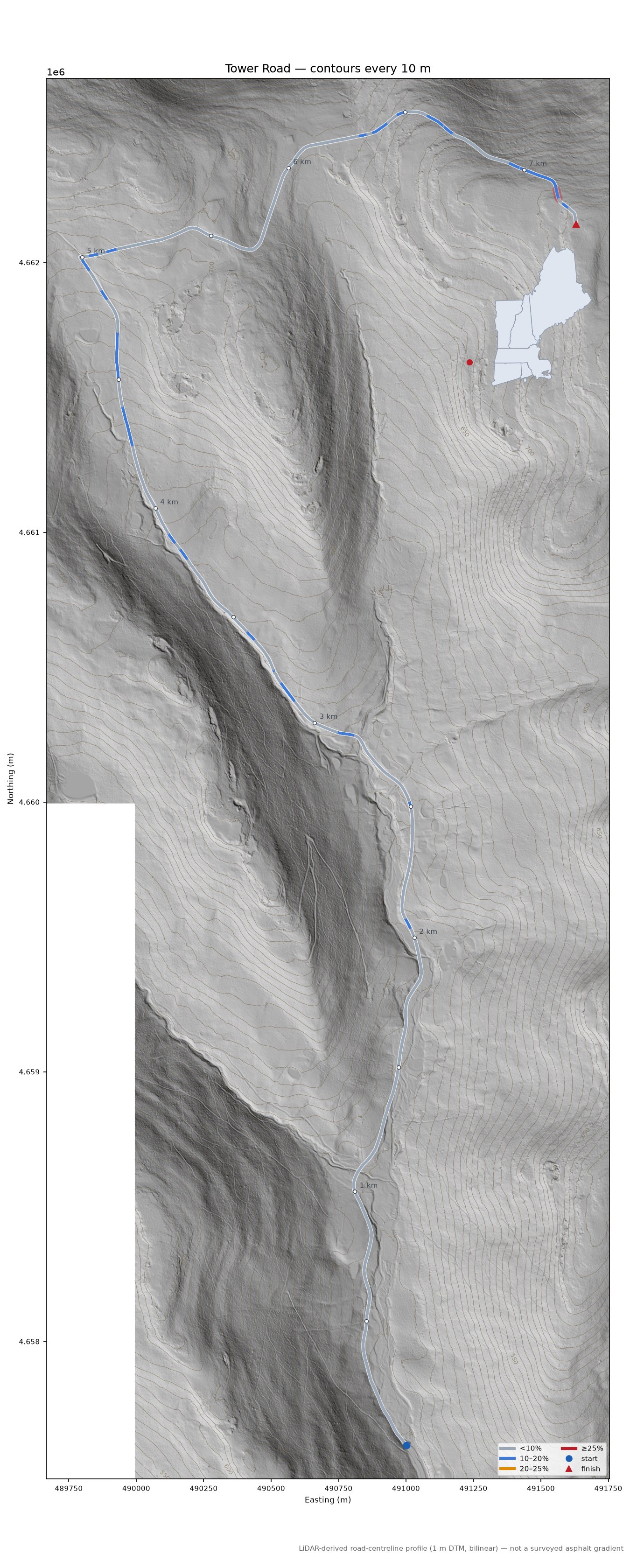 Tower Road LiDAR hillshade map with contours