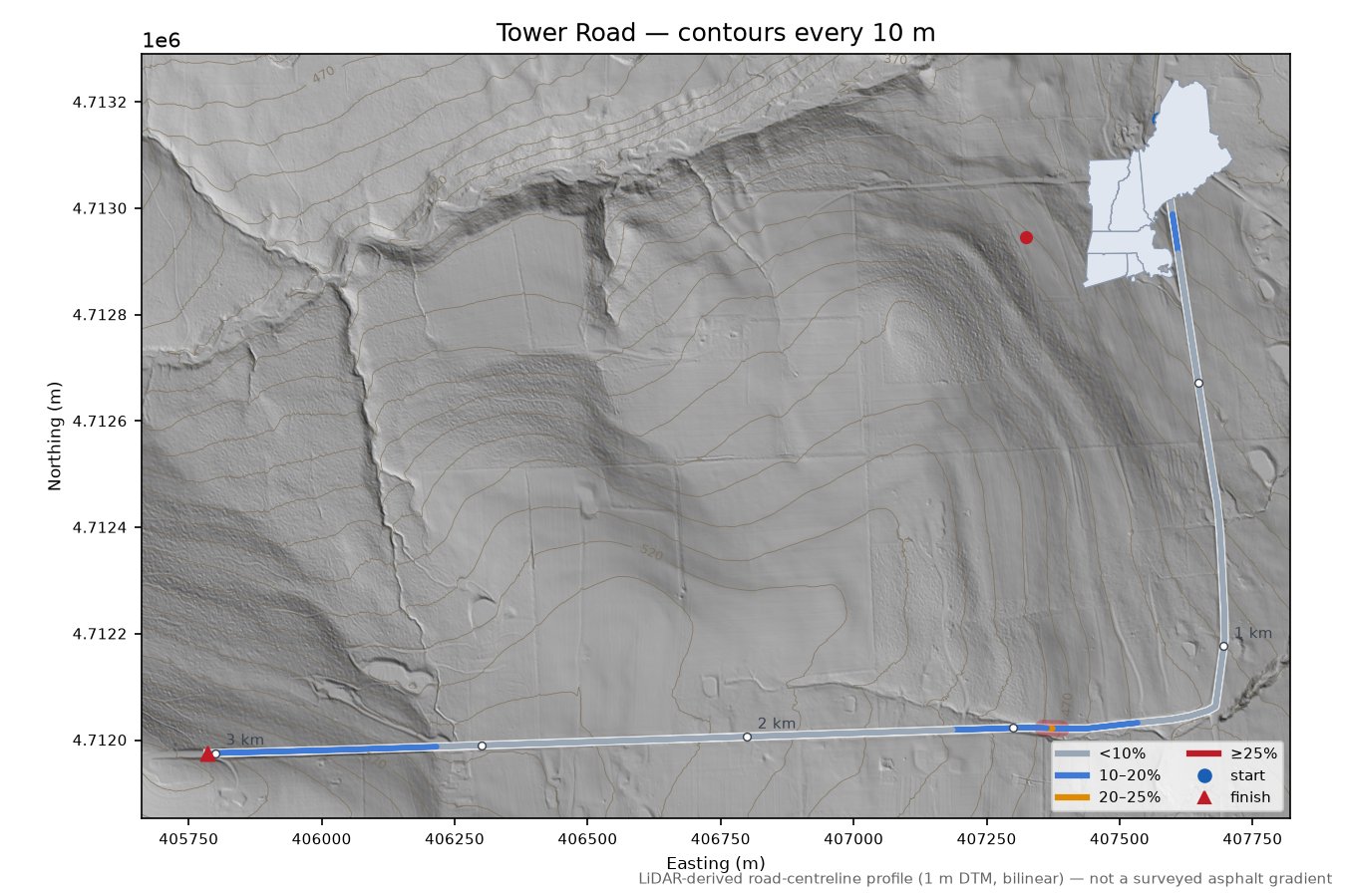 Tower Road LiDAR hillshade map with contours