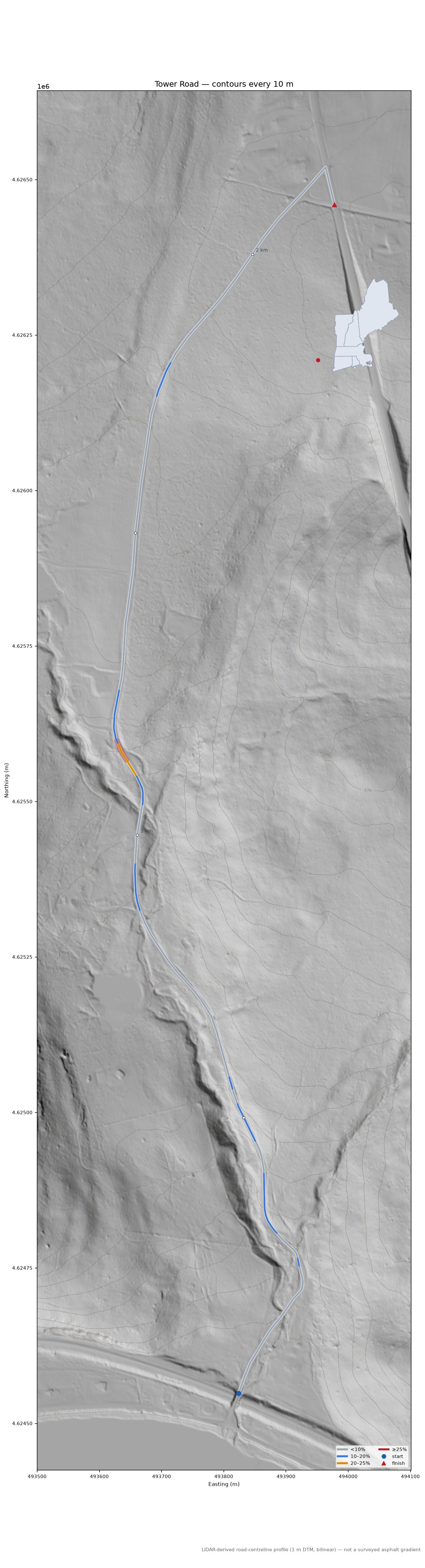 Tower Road LiDAR hillshade map with contours