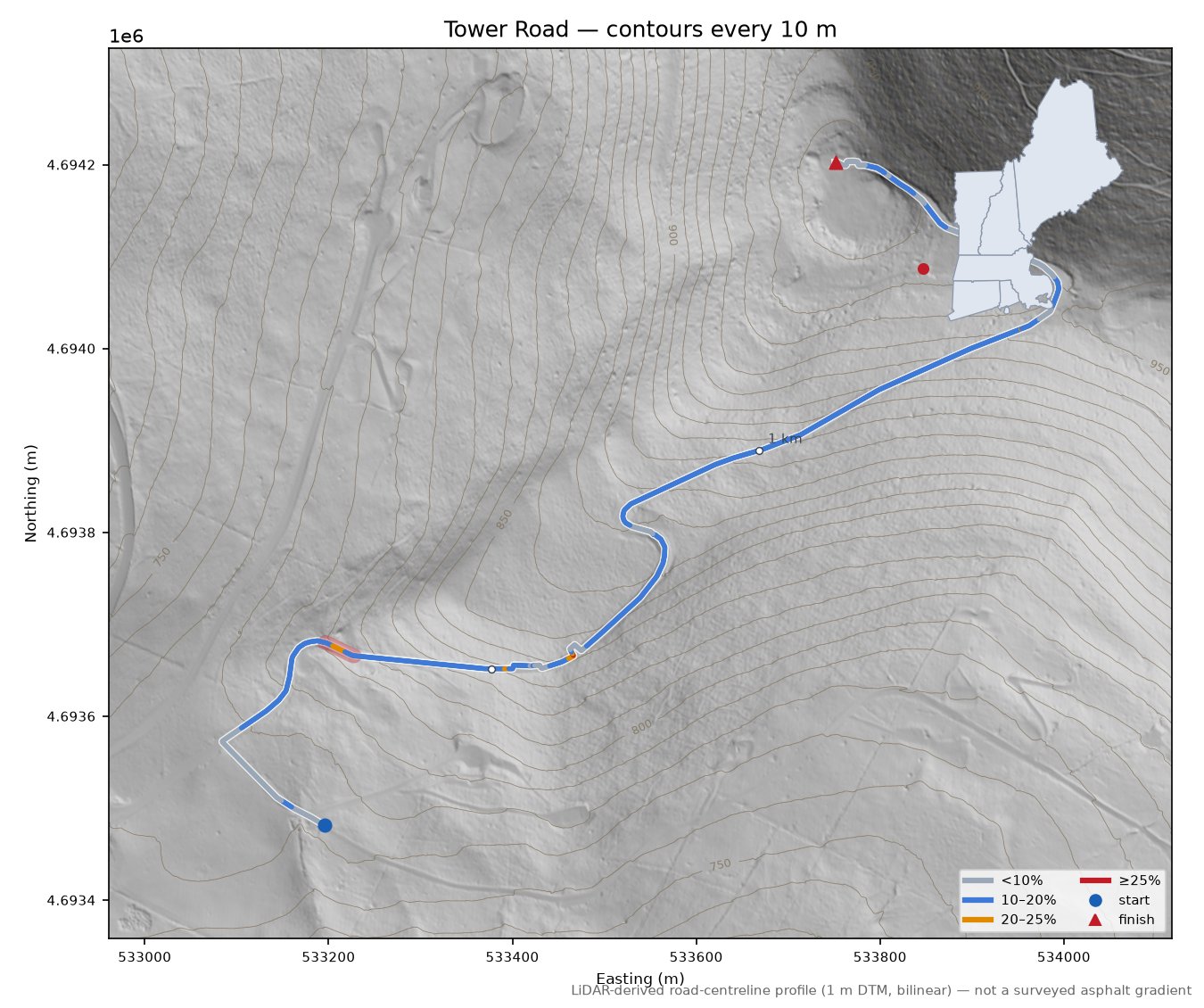 Tower Road LiDAR hillshade map with contours