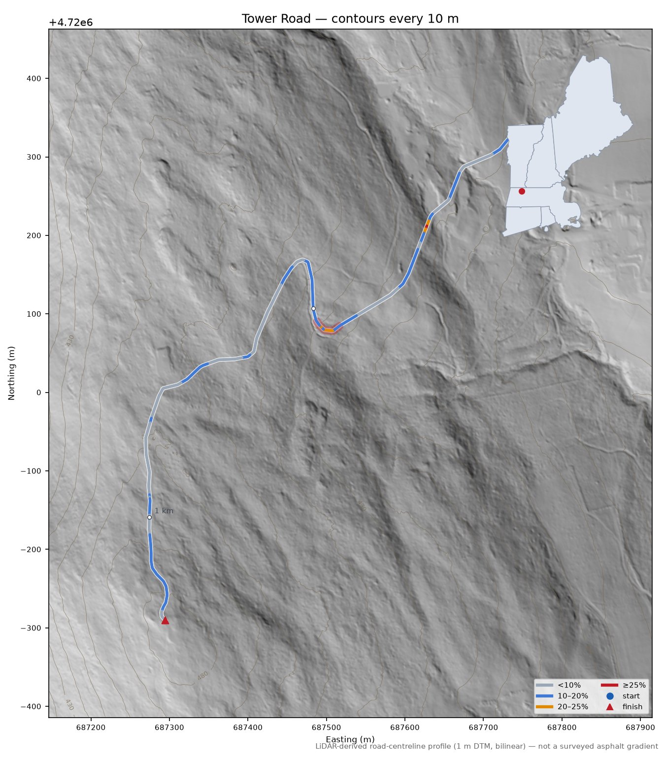 Tower Road LiDAR hillshade map with contours