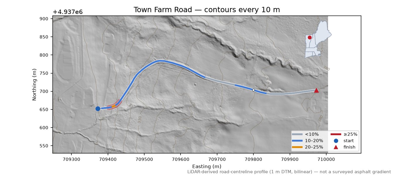 Town Farm Road LiDAR hillshade map with contours