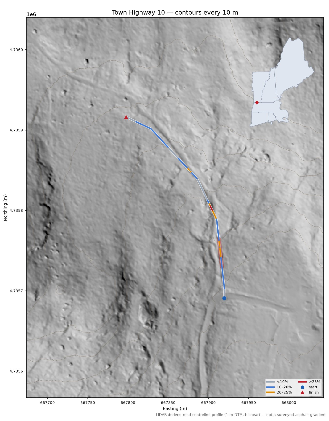 Town Highway 10 LiDAR hillshade map with contours