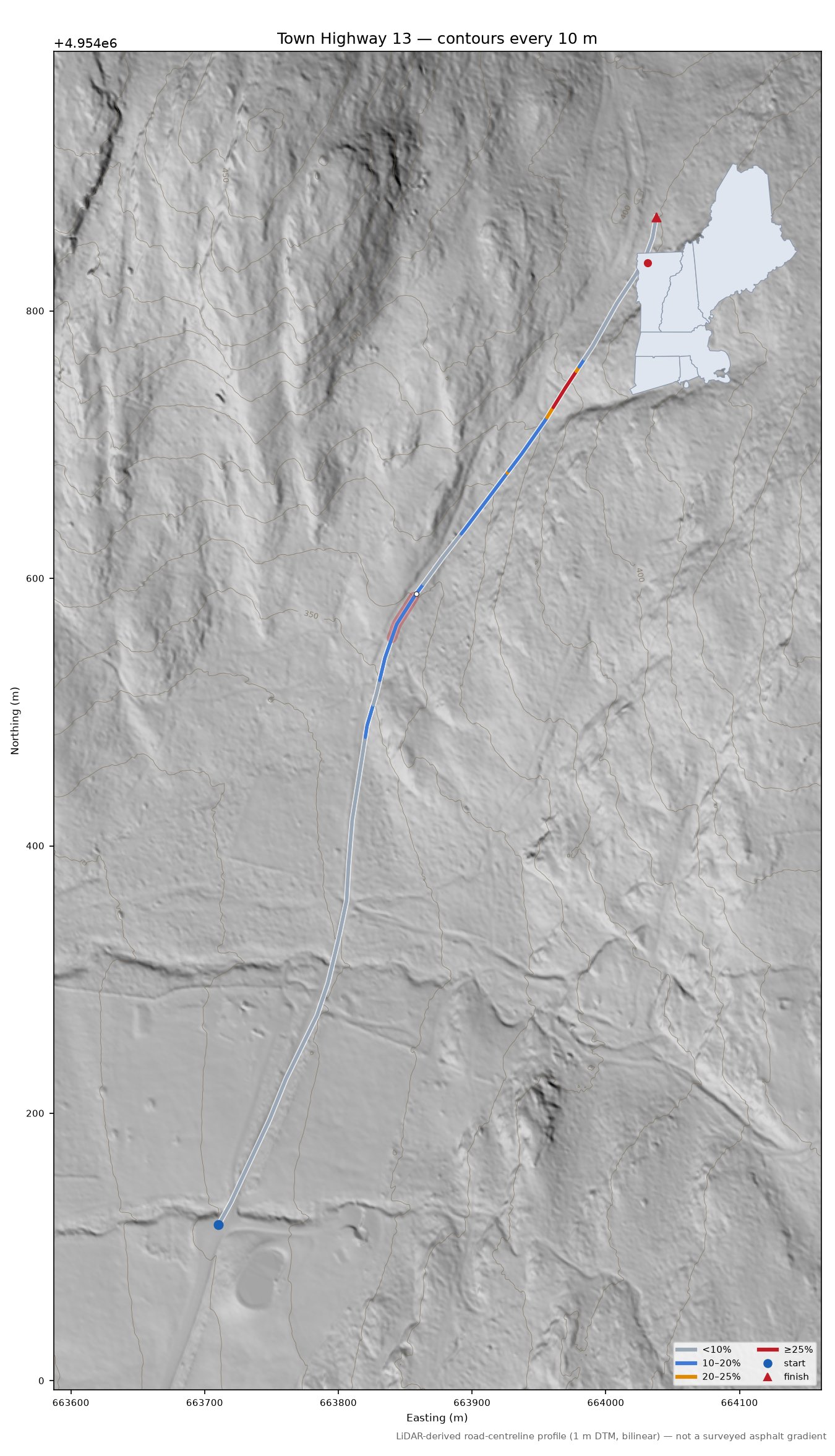 Town Highway 13 LiDAR hillshade map with contours