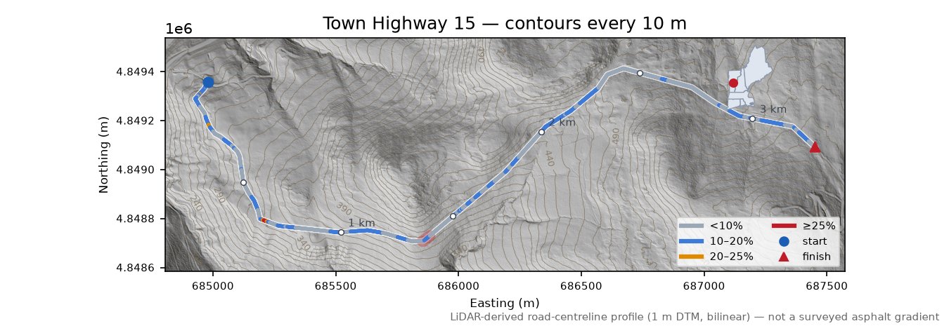Town Highway 15 LiDAR hillshade map with contours