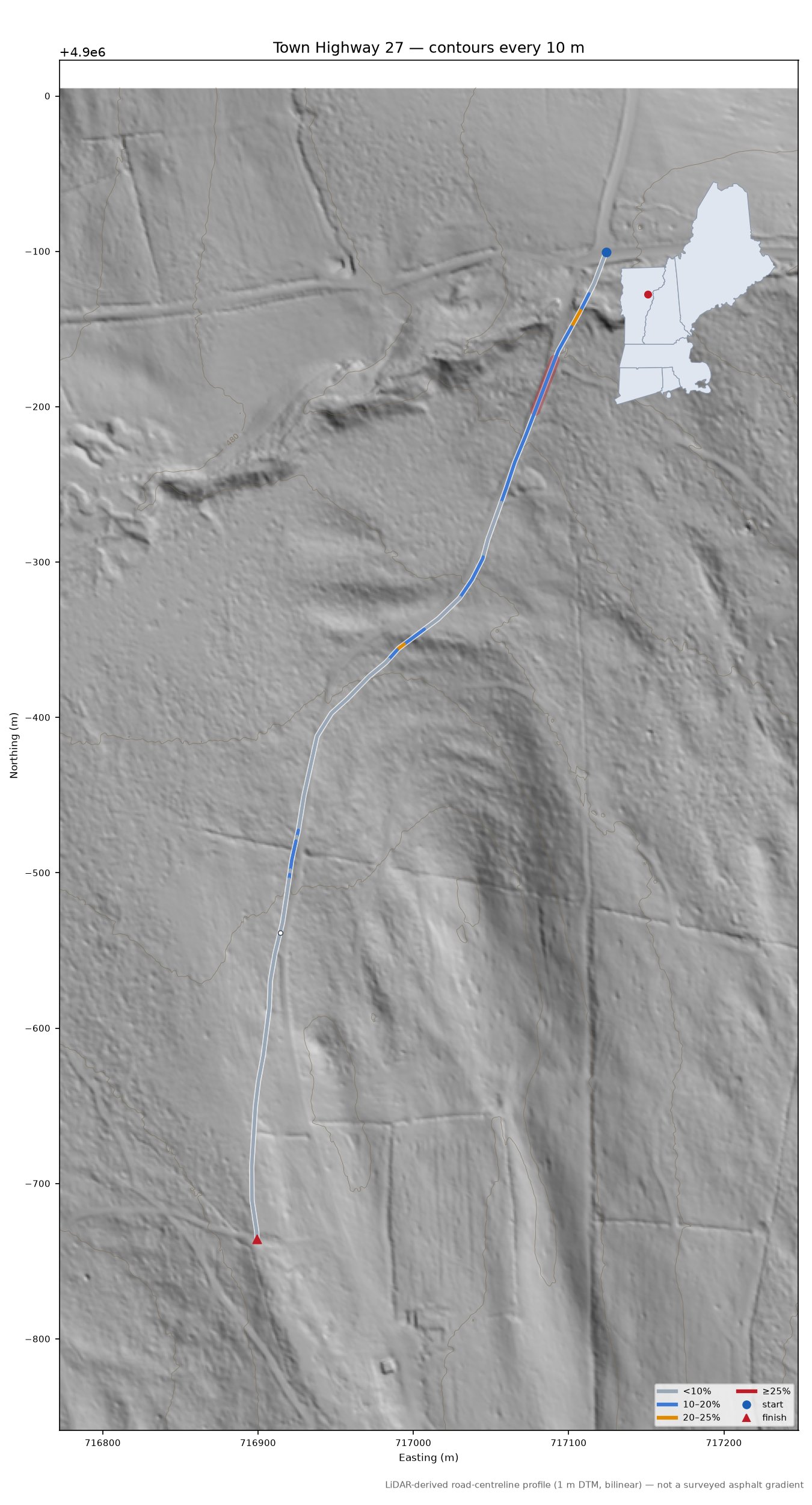 Town Highway 27 LiDAR hillshade map with contours