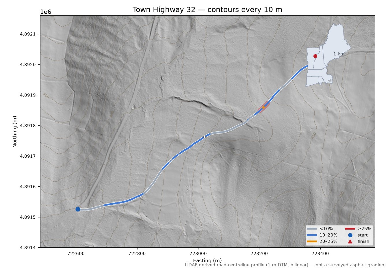 Town Highway 32 LiDAR hillshade map with contours