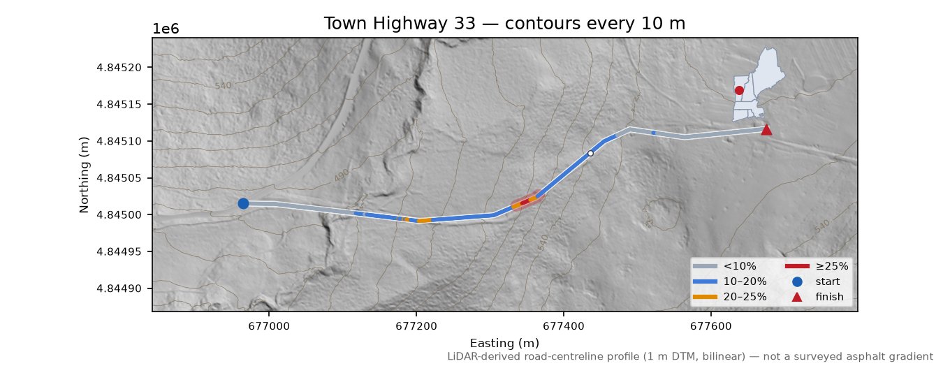 Town Highway 33 LiDAR hillshade map with contours