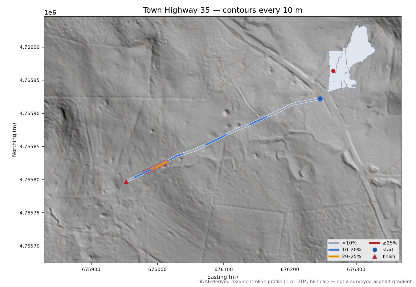 Town Highway 35 LiDAR hillshade map with contours