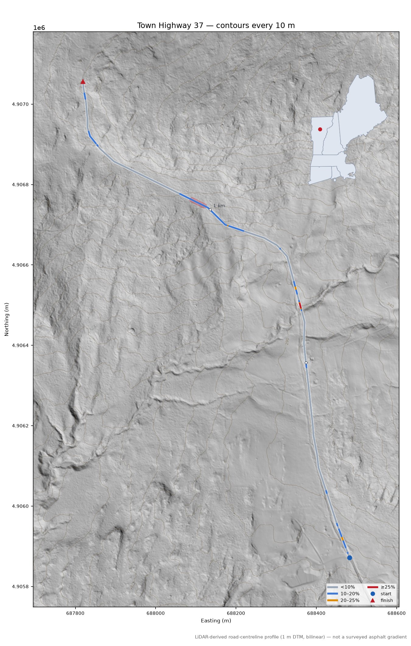Town Highway 37 LiDAR hillshade map with contours