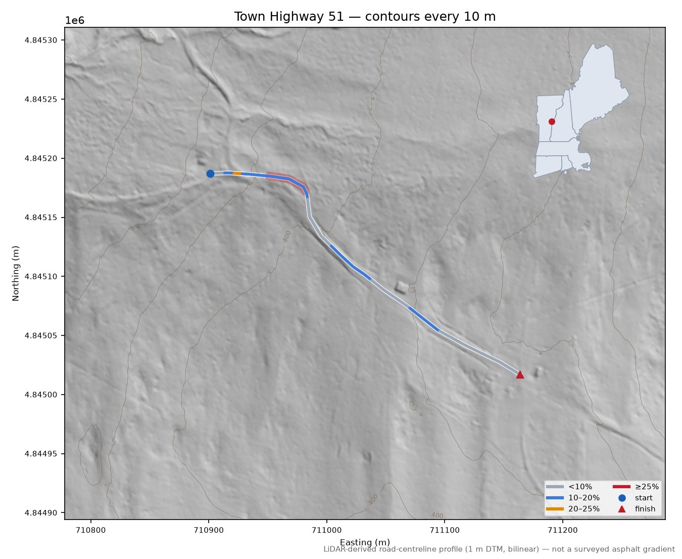 Town Highway 51 LiDAR hillshade map with contours