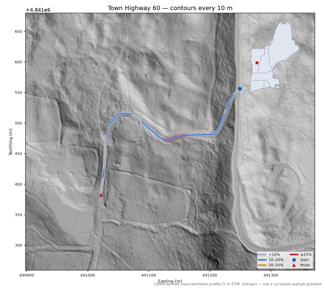 Town Highway 60 LiDAR hillshade map with contours