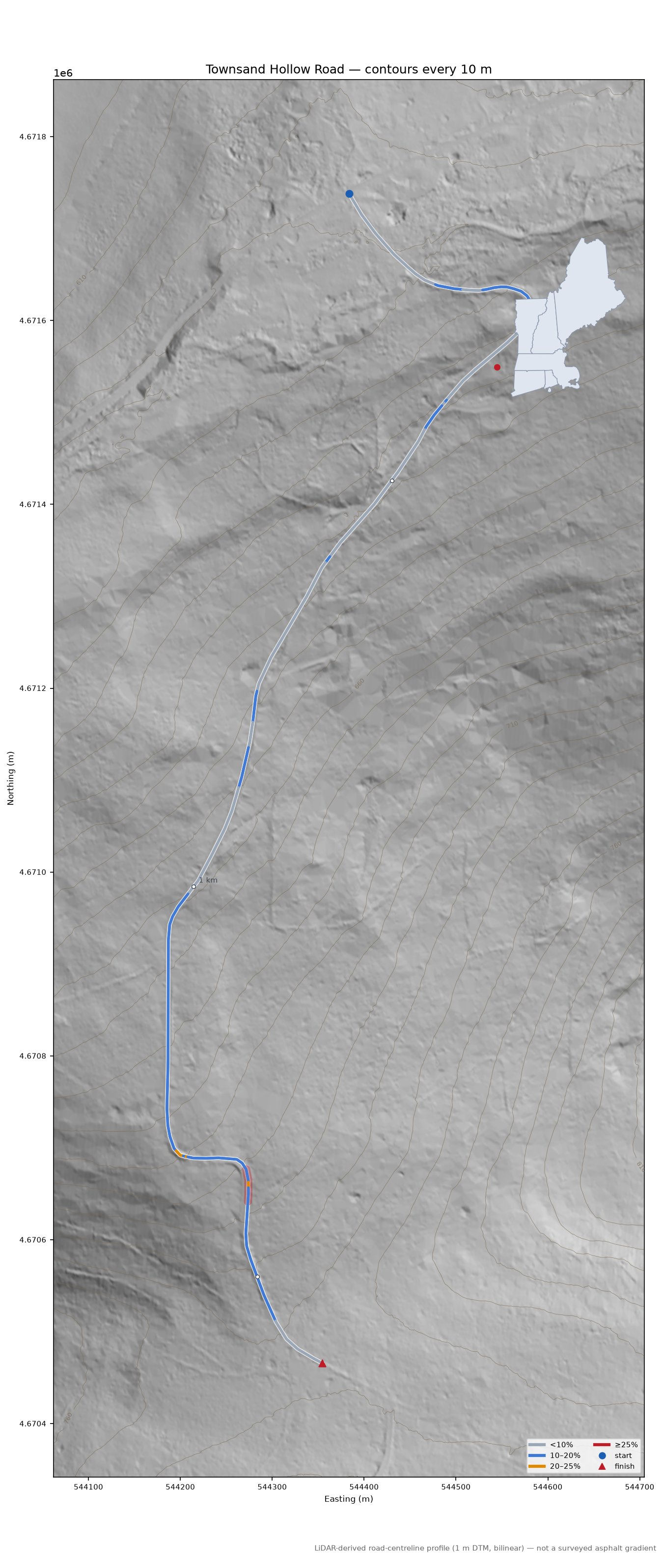Townsand Hollow Road LiDAR hillshade map with contours