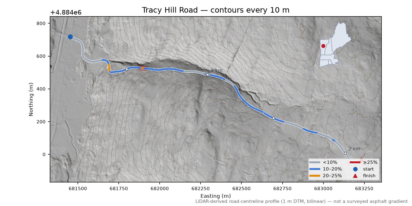 Tracy Hill Road LiDAR hillshade map with contours