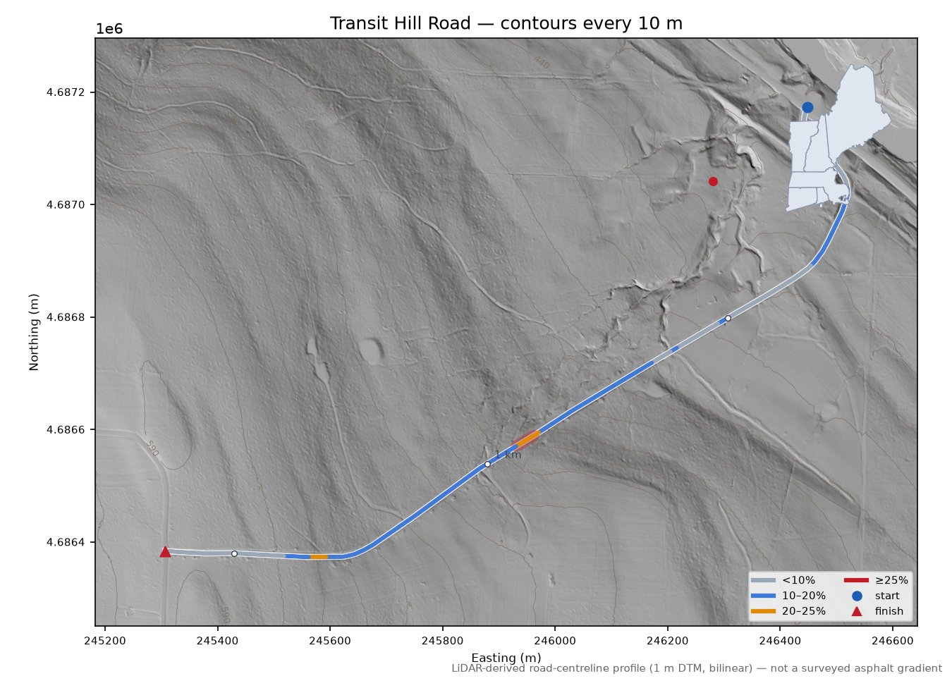 Transit Hill Road LiDAR hillshade map with contours