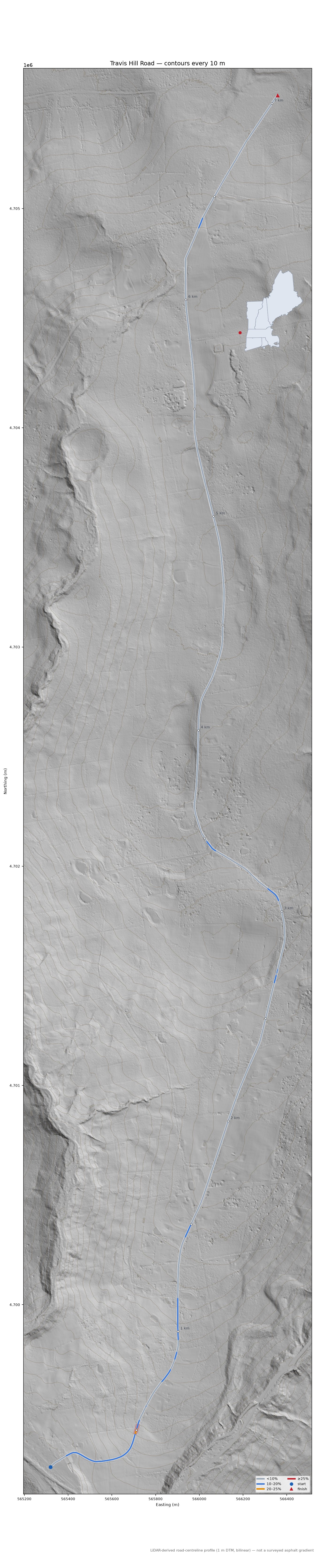 Travis Hill Road LiDAR hillshade map with contours