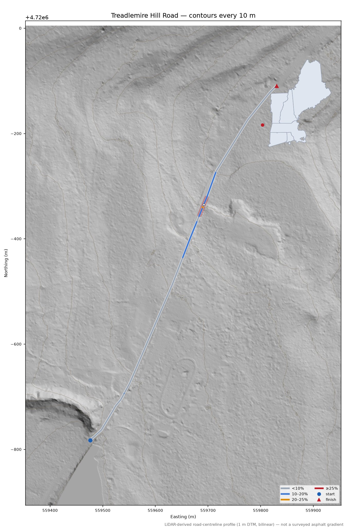Treadlemire Hill Road LiDAR hillshade map with contours