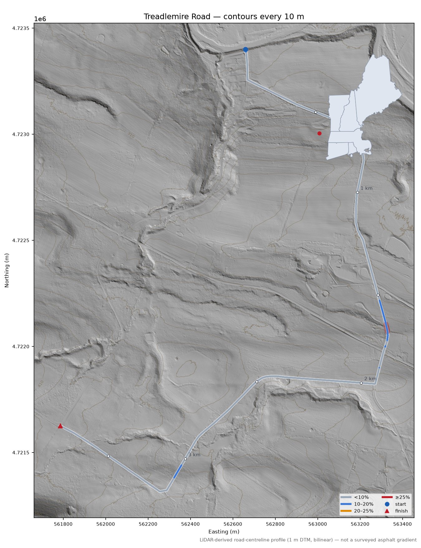Treadlemire Road LiDAR hillshade map with contours