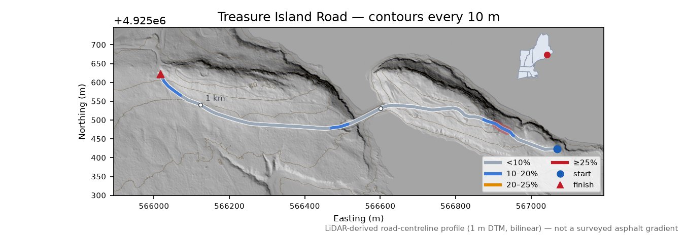 Treasure Island Road LiDAR hillshade map with contours