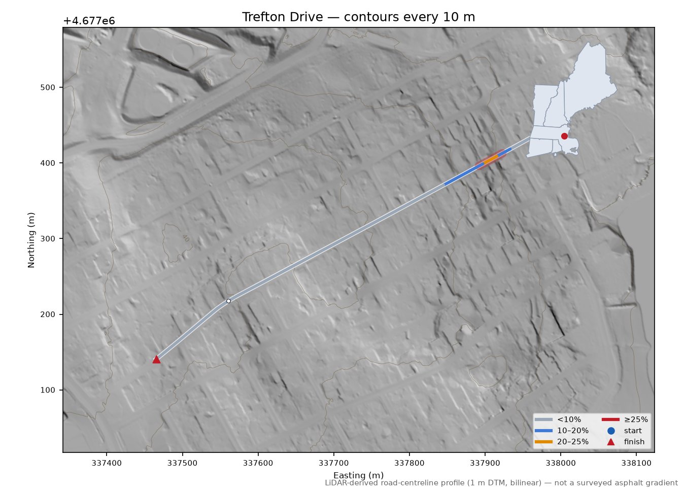 Trefton Drive LiDAR hillshade map with contours