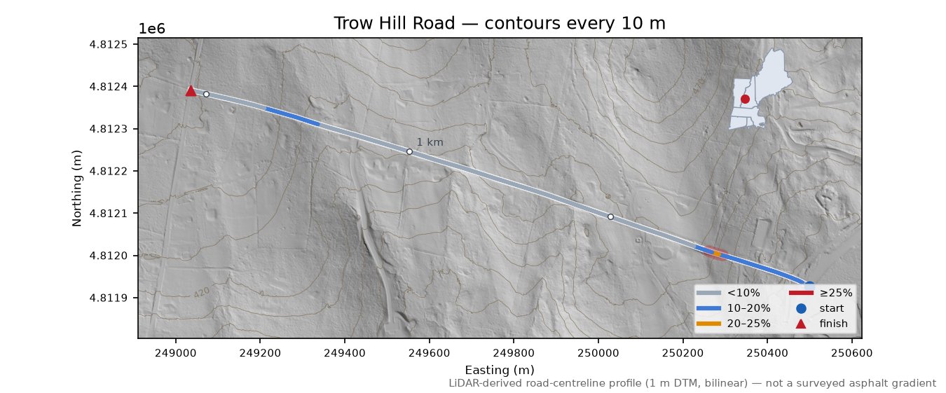 Trow Hill Road LiDAR hillshade map with contours