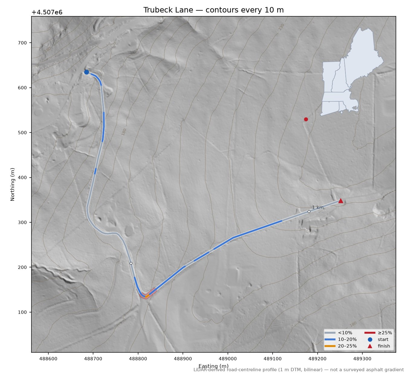 Trubeck Lane LiDAR hillshade map with contours