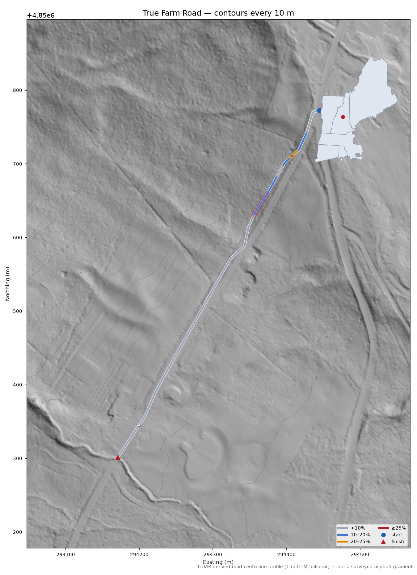 True Farm Road LiDAR hillshade map with contours