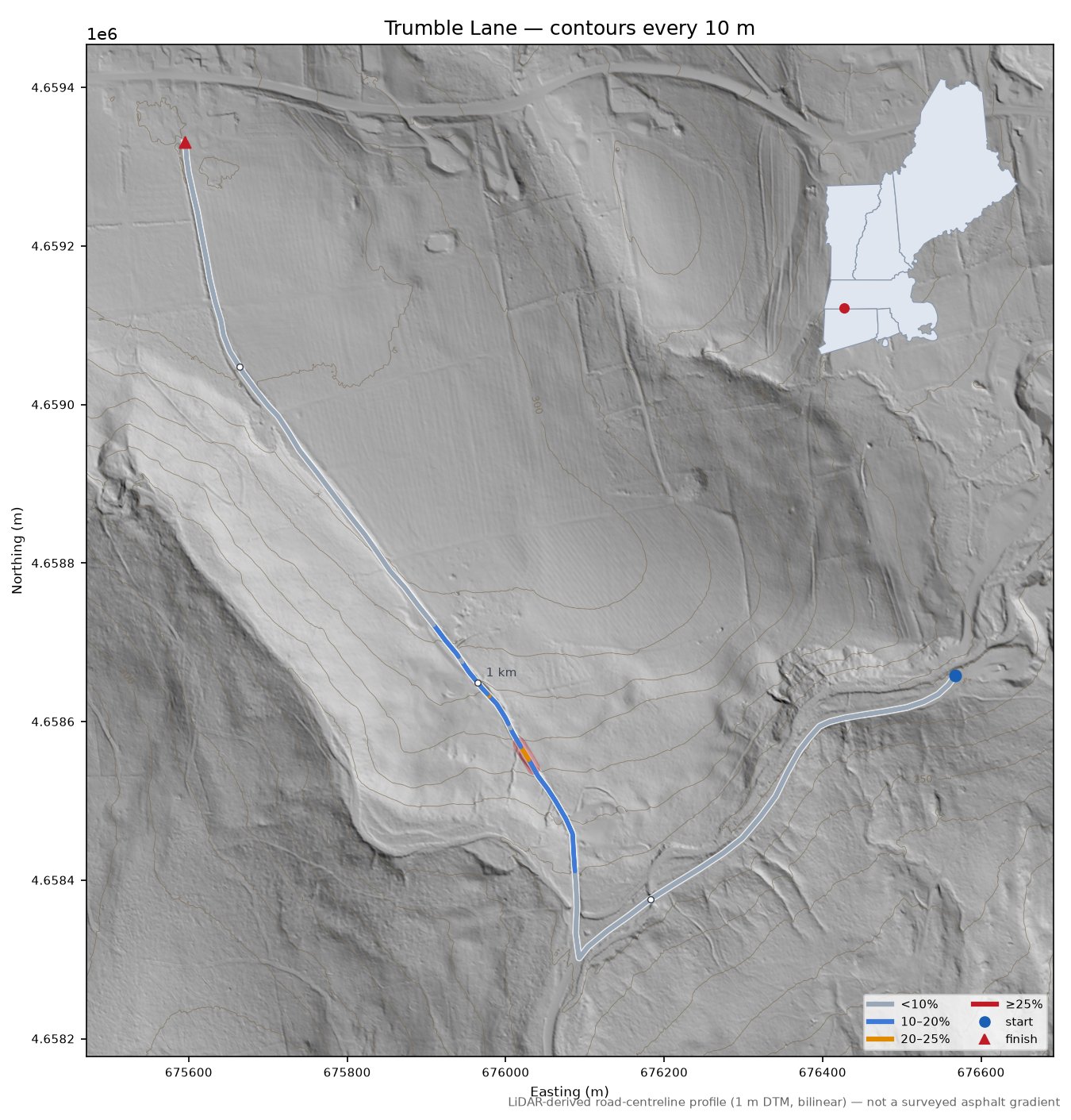 Trumble Lane LiDAR hillshade map with contours
