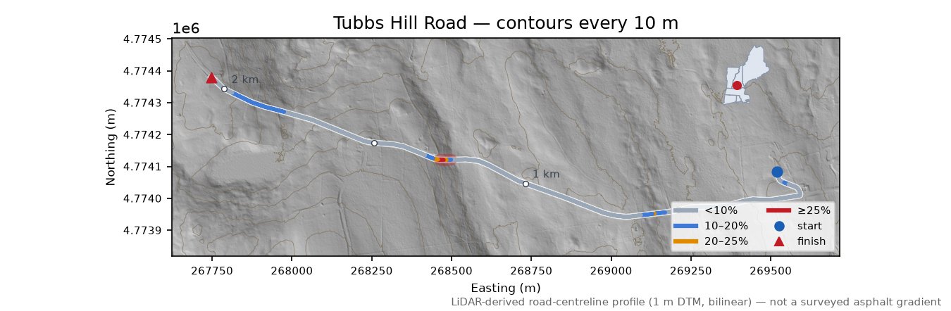 Tubbs Hill Road LiDAR hillshade map with contours