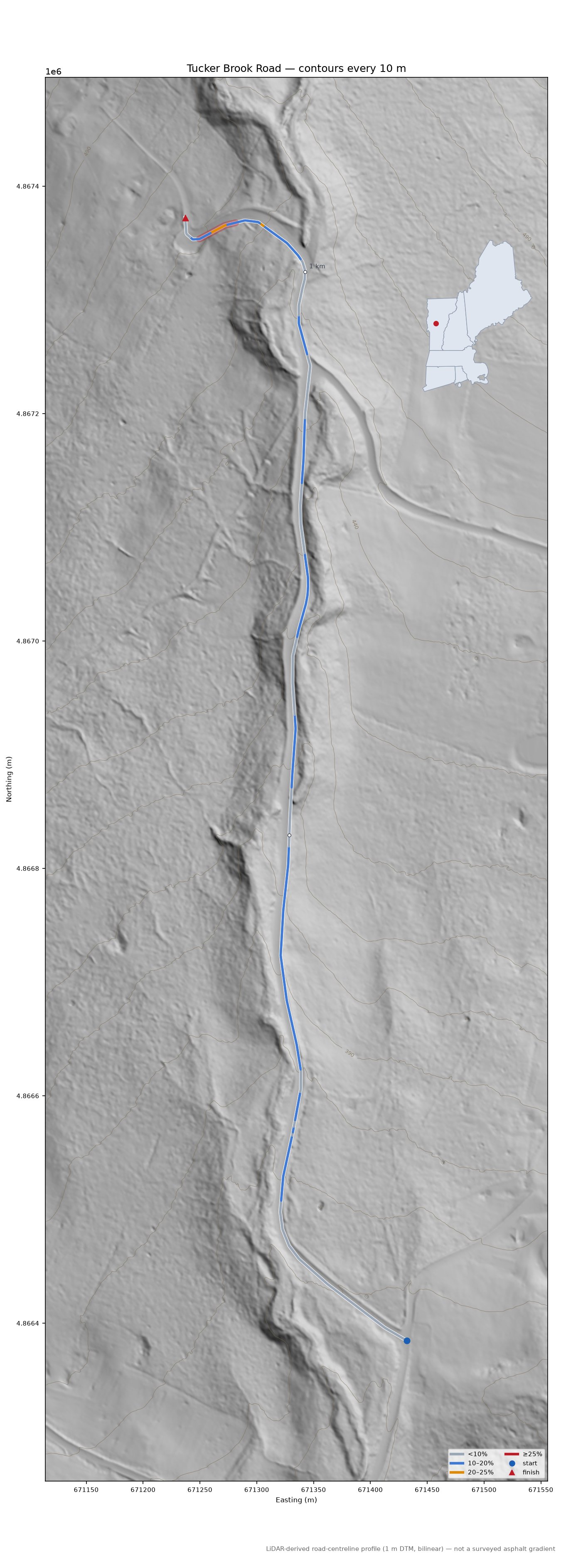 Tucker Brook Road LiDAR hillshade map with contours