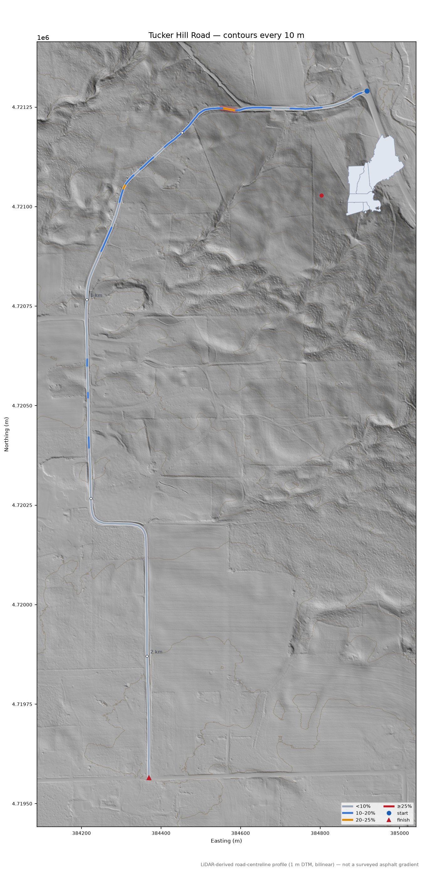 Tucker Hill Road LiDAR hillshade map with contours
