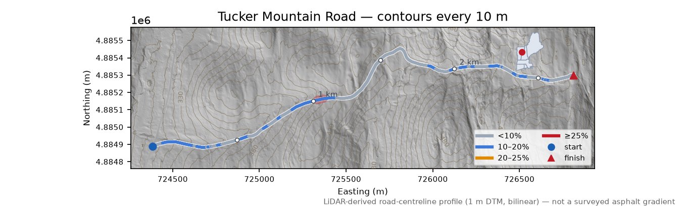 Tucker Mountain Road LiDAR hillshade map with contours