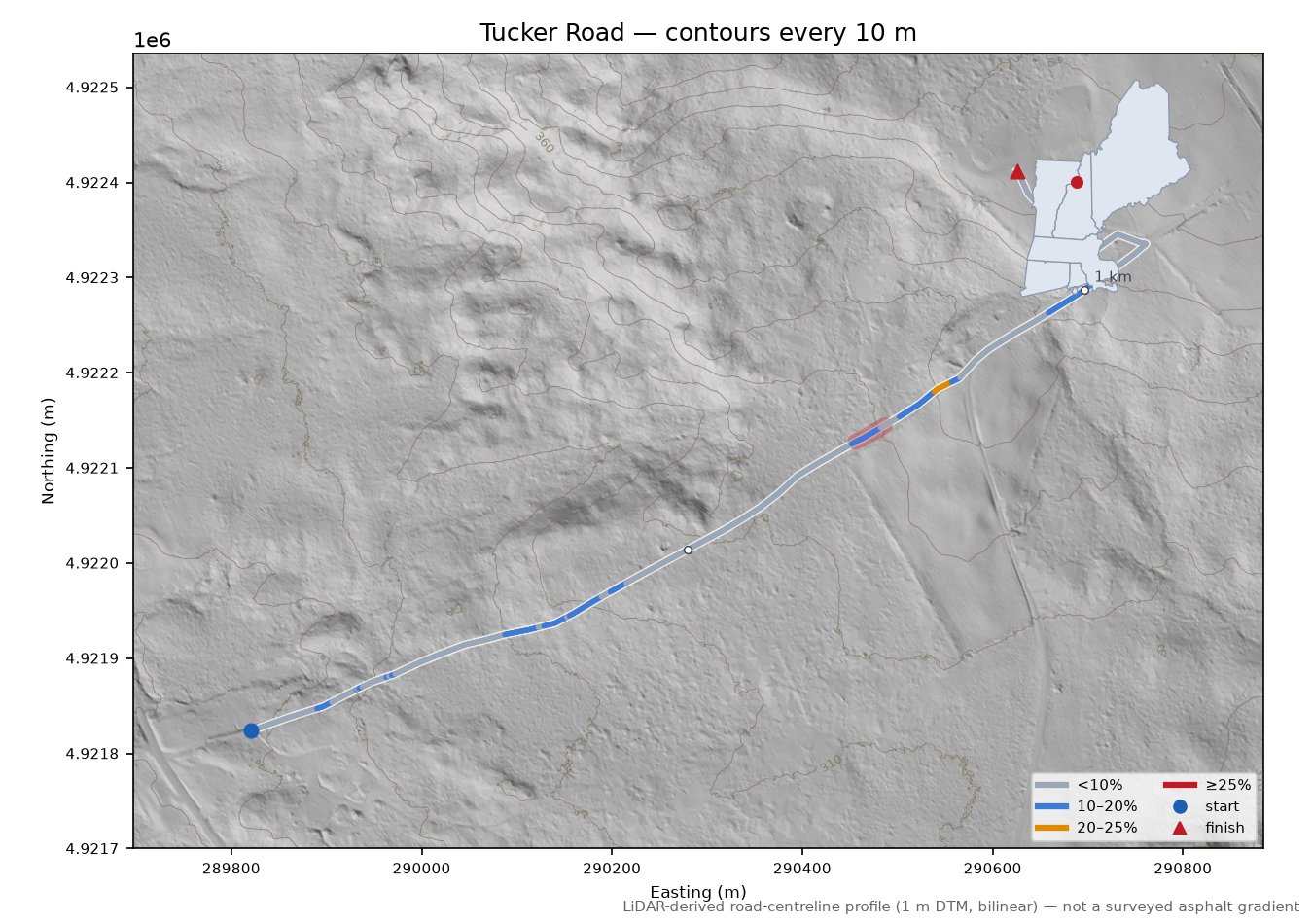 Tucker Road LiDAR hillshade map with contours
