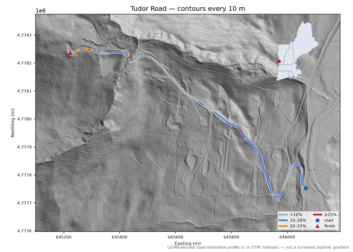 Tudor Road LiDAR hillshade map with contours