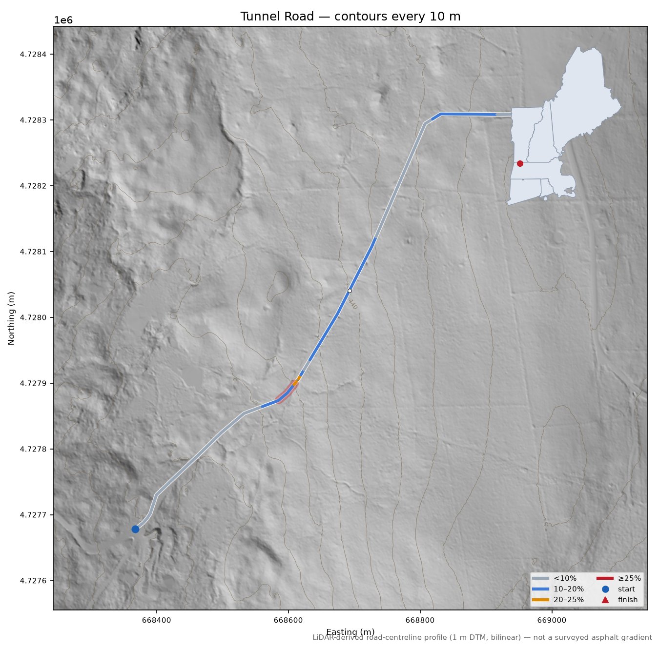 Tunnel Road LiDAR hillshade map with contours