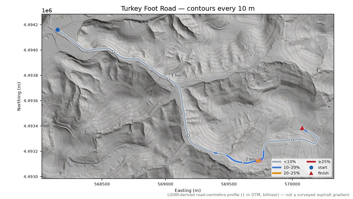 Turkey Foot Road LiDAR hillshade map with contours