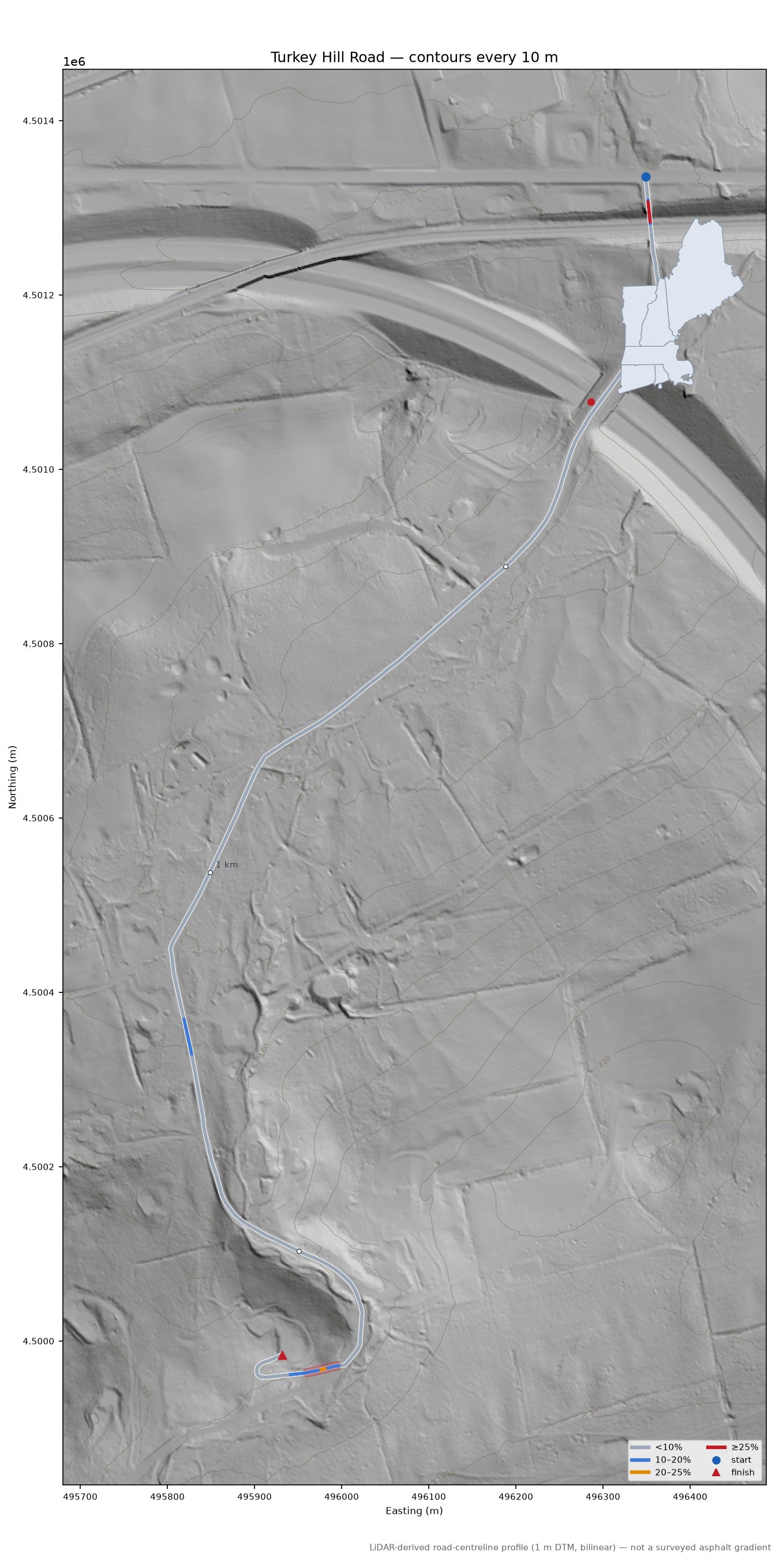 Turkey Hill Road LiDAR hillshade map with contours