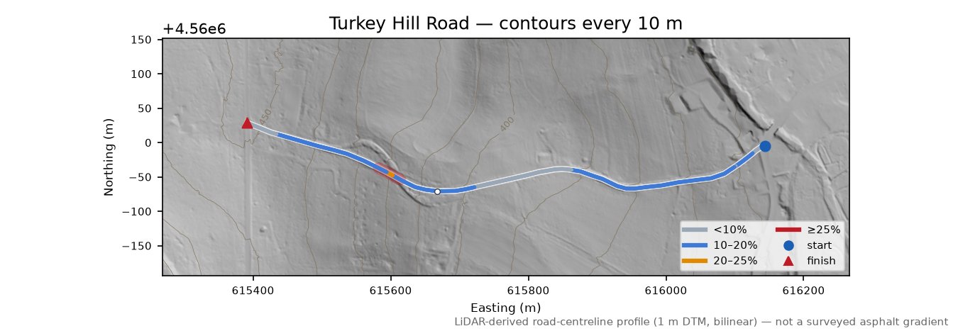 Turkey Hill Road LiDAR hillshade map with contours