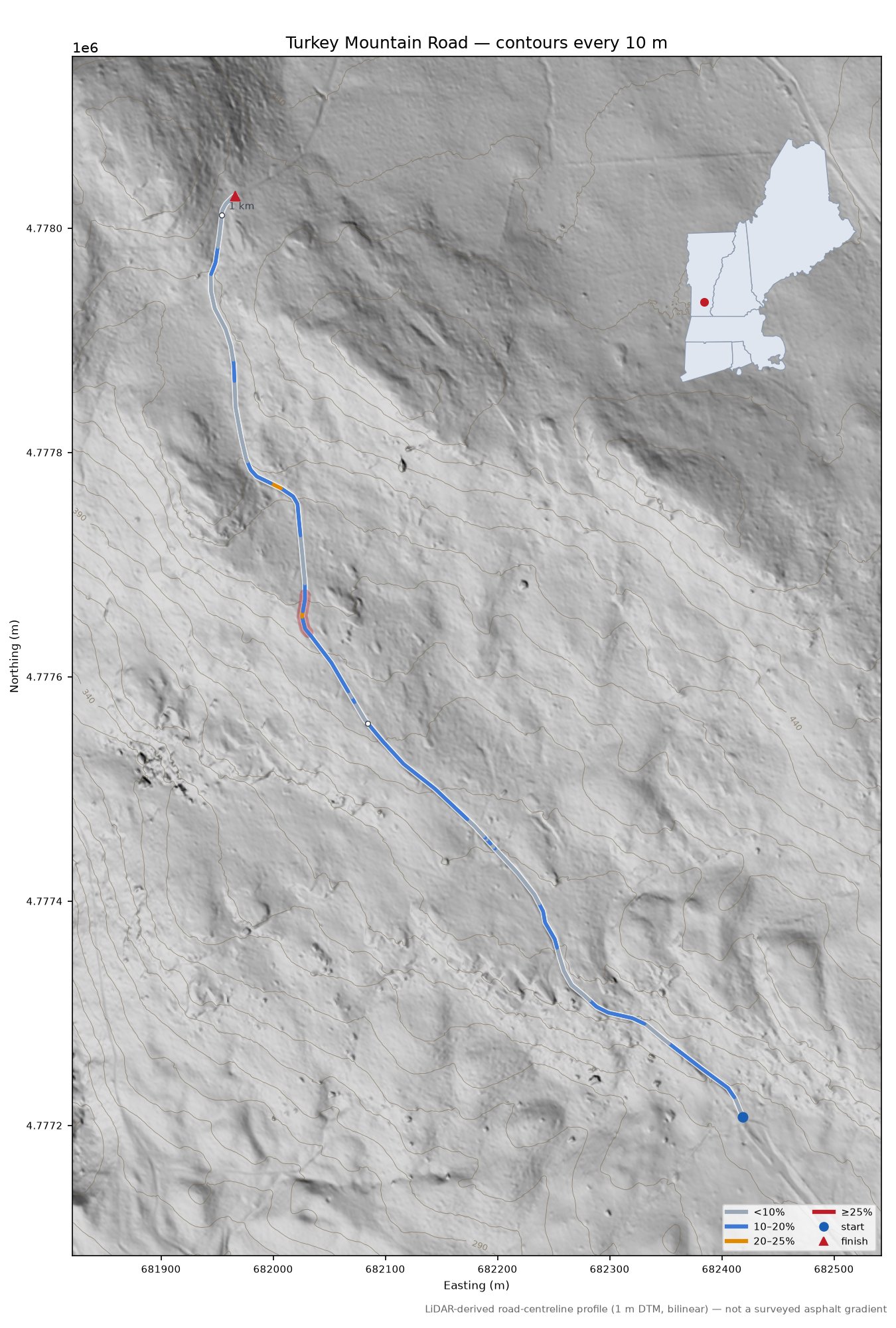 Turkey Mountain Road LiDAR hillshade map with contours